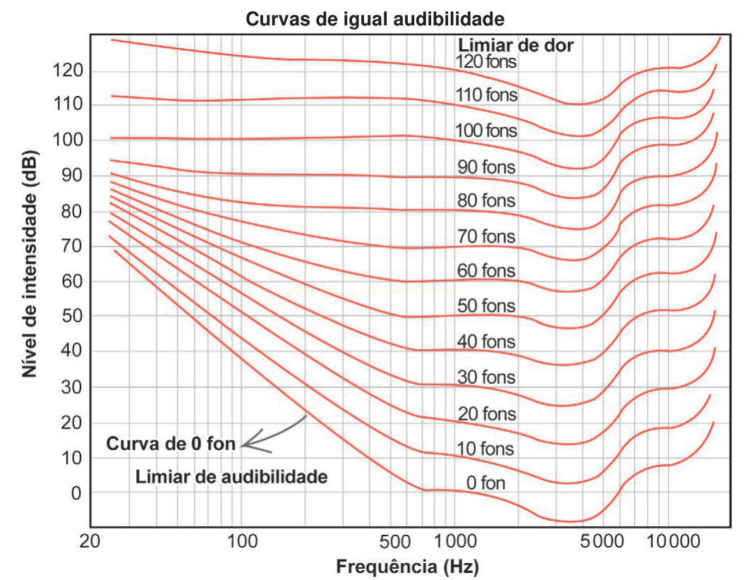 Gráfico "Curvas de igual audiabilidade", com nível de intensidade em dB por frequência em Hz e curvas de 0 a 120 fons.