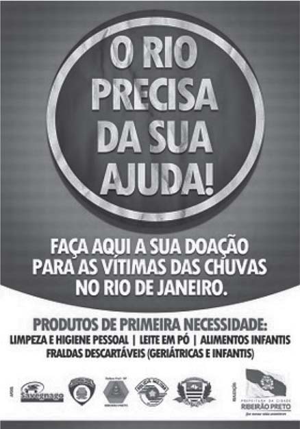 Cartaz de campanha pedindo doações para as vítimas das chuvas no Rio de Janeiro, com lista de produtos de primeira necessidade.