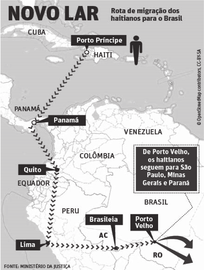 Mapa da rota de migração dos haitianos do Haiti até o Brasil, passando pelo Panamá, Equador e Peru.