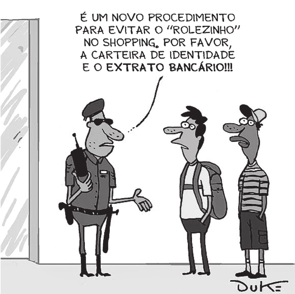 Charge em preto e branco de um segurança exigindo documentos de dois jovens com mochila.