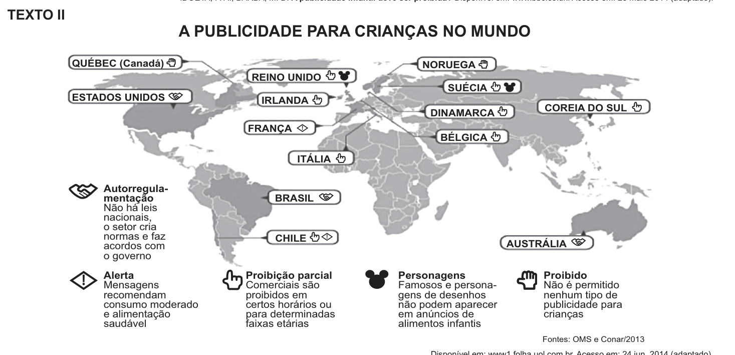 Infográfico com mapa-múndi e legendas de símbolos sobre as regras de publicidade dirigida a crianças em diversos países.