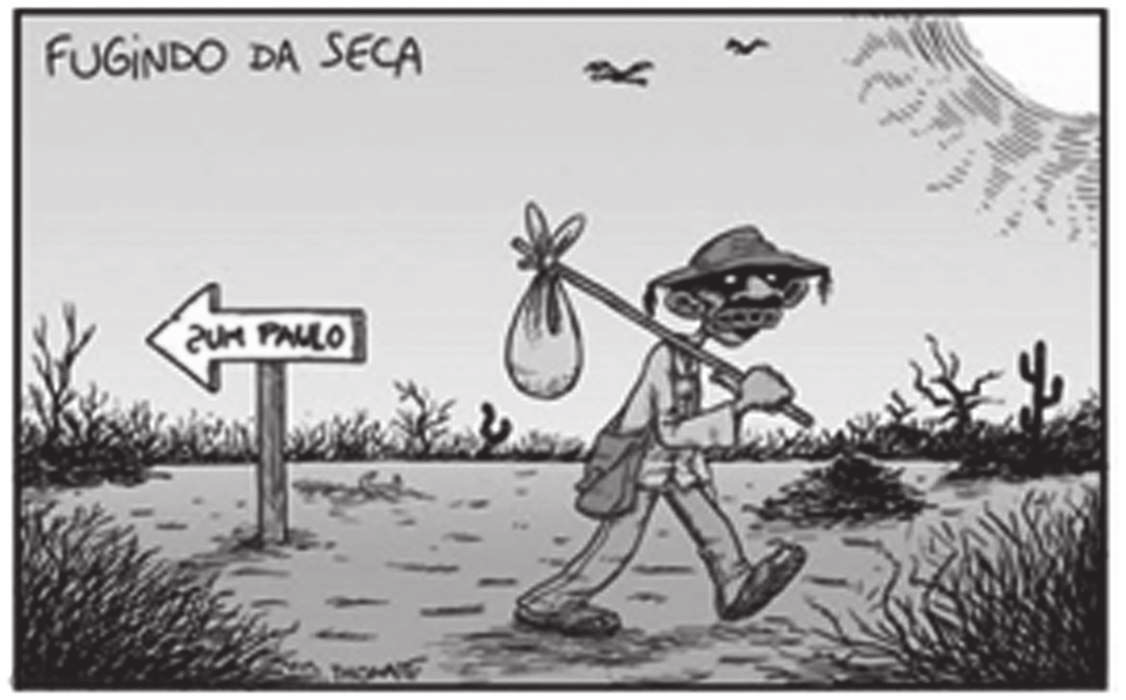 Charge em preto e branco de um retirante com trouxa no ombro caminhando pelo sertão seco, ao lado de uma placa que aponta para a esquerda com os dizeres 'ZUM PAULO'.