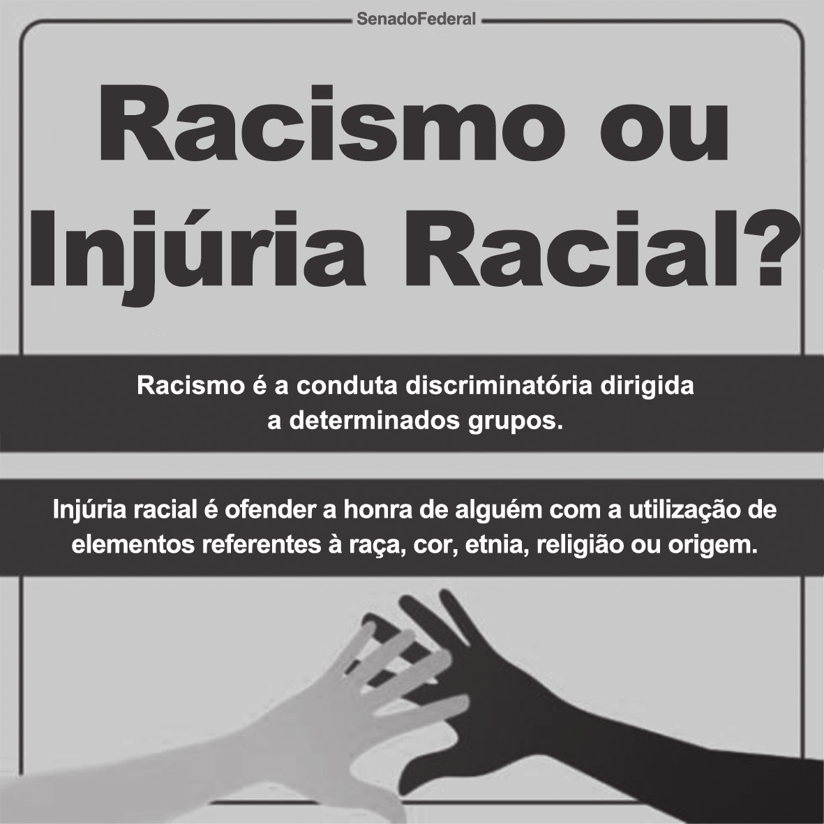 Cartaz do Senado Federal com o título 'Racismo ou Injúria Racial?', definições dos dois termos e duas mãos de tons diferentes se aproximando.