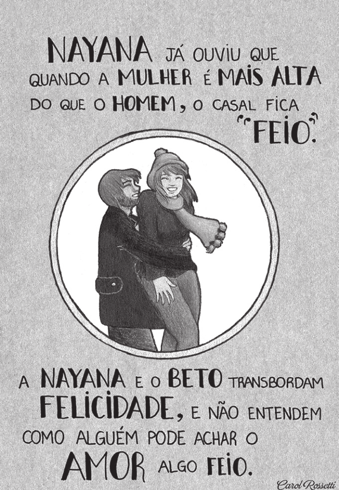 Ilustração de Nayana e Beto abraçados, cercada por textos sobre a diferença de altura no casal.